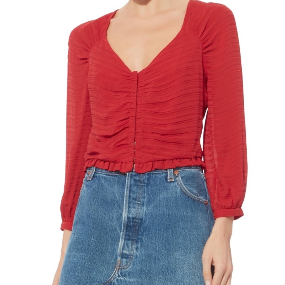 Intermix Lillian Red Shirred Top 100% Silk